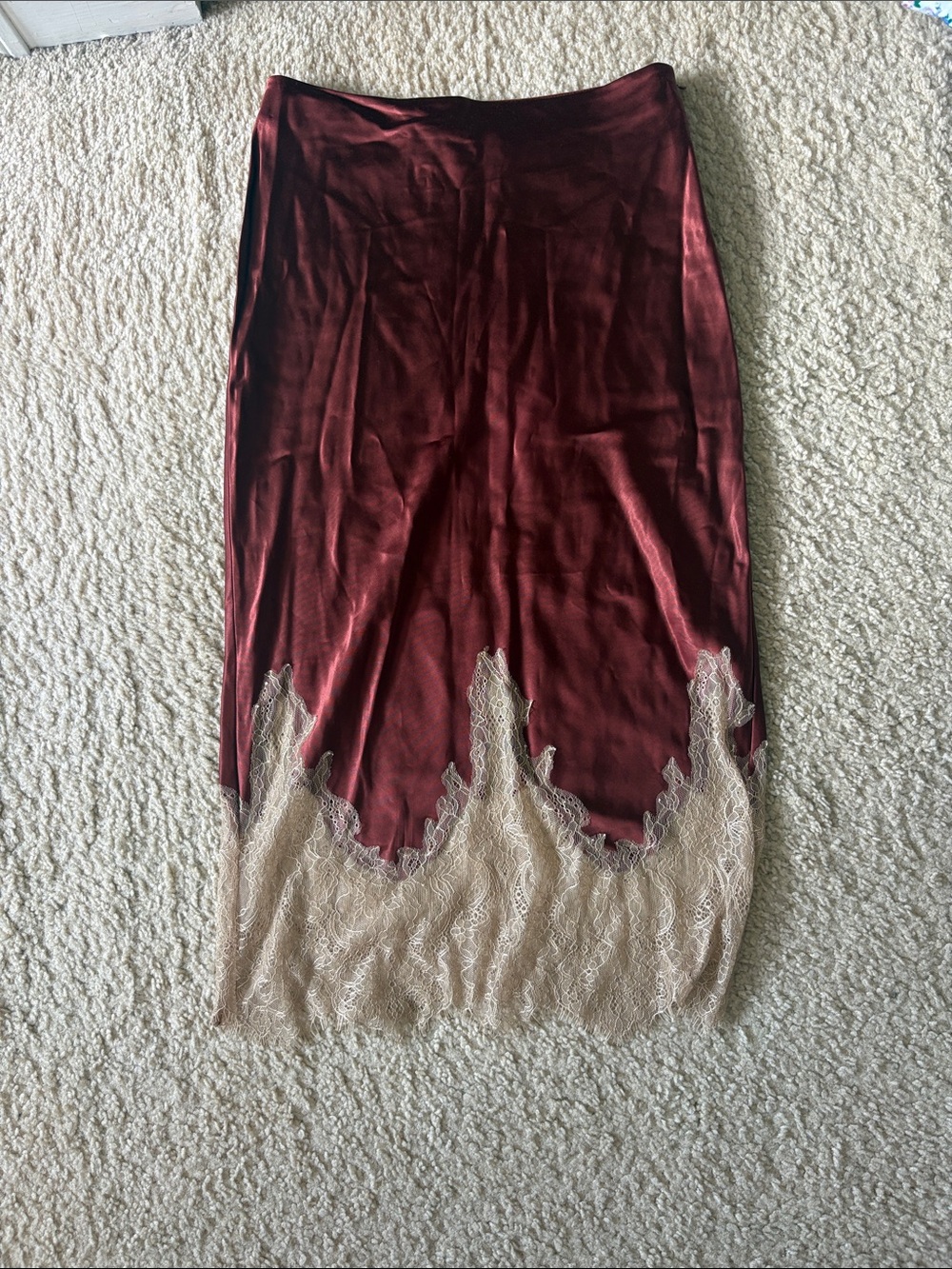 Zara Burgundy Satin Lace Trim Midi Skirt